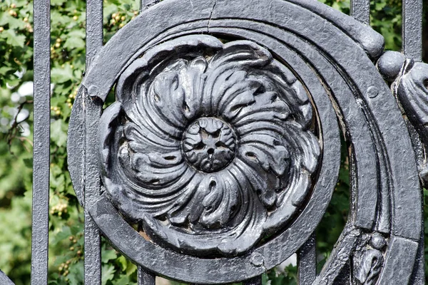 Antyczny czarny żeliwo ozdobny krata z zakurzonych powierzchni kwiatowych elementów. Stare kraty drzwiowe. — Zdjęcie stockowe