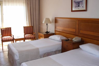 Şarm El Şeyh, Mısır, 05 Eylül 2018. Hotel Continental Beach Resort. Yatak odasıiç dekorasyonu.