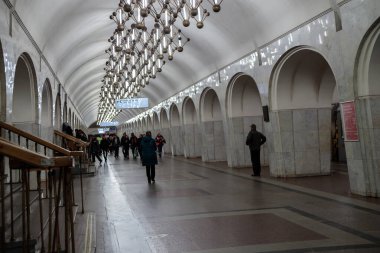 Moskova, Rusya 10.13. 2019. Mendeleevskaya metro istasyonu 1988 yılında inşa edildi.