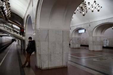 Moskova, Rusya 10.13. 2019. Mendeleevskaya metro istasyonu 1988 yılında inşa edildi.