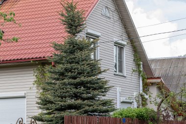 Basit bir ahşap evin parçası, Rusya 'da kırsal kesimde tatil için tipik bir bina.