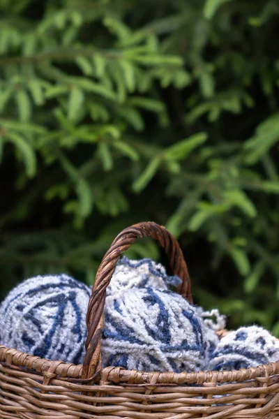 솜털로 뭉치가 바구니에 있습니다 가문비나무 가지의 배경에 말이죠 포스터 좋아함 — 스톡 사진