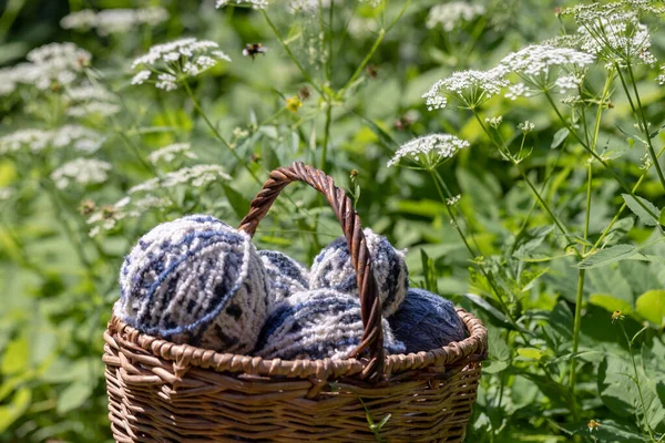 白い夏の花の自然な背景にバスケットに白い青いふわふわのウールのボール コピースペース付き水平ポスター 編み物の糸 メスの針仕事の項目 — ストック写真
