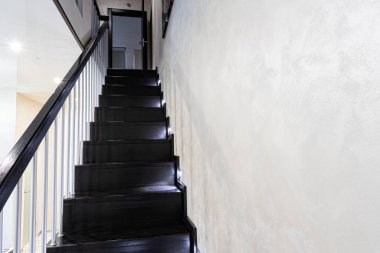 Aydınlatılmış basamakları olan modern kahverengi ahşap merdiven.