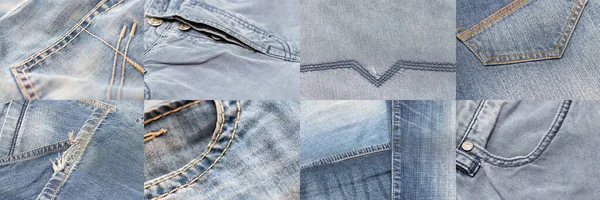 Set Van Acht Versleten Blauwe Denim Jeans Textuur Achtergrond Achtergrond — Stockfoto