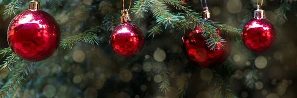 Bolas Natal Vermelho Com Reflexão Decorar Ramos Verdes Árvore Natal — Fotografia de Stock