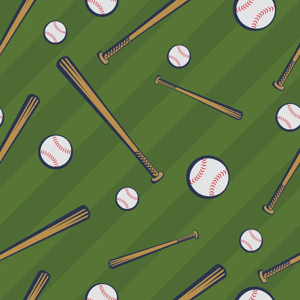 Modèle sans couture de baseball couleur avec des battes de baseball et des balles de baseball sur fond de champ vert — Image vectorielle