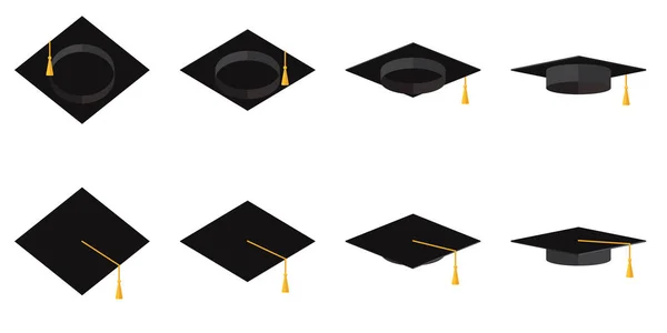 Een set van academische cups met kwastjes in verschillende hoeken vector platte illustratie — Stockvector