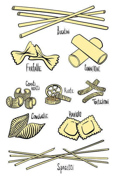 Ένα σύνολο διαφορετικών τύπων ζυμαρικών σε έγχρωμες γραμμές σχεδίασης χεριών — Διανυσματικό Αρχείο