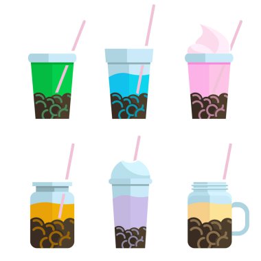 Düz stil vektör çizgisi çiziminde ayarlanan kabarcık çay simgesi