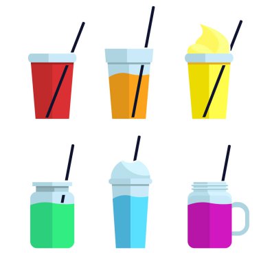 Düz stil vektör illüstrasyon smoothies Superfoods ve sağlık veya detoks diyet gıda kavramı Renkli Set