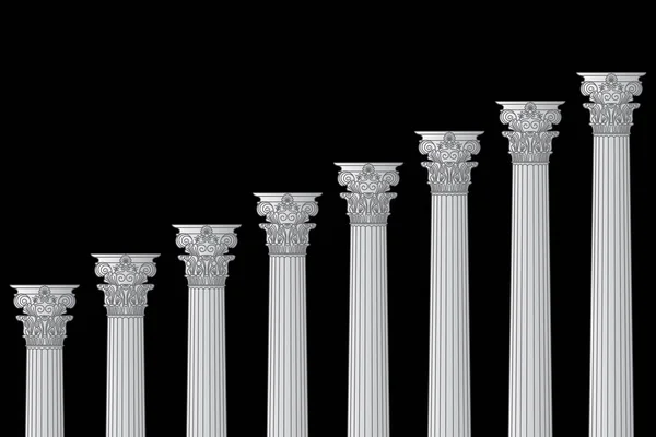 a series of Greek, antique, historic colonnades with Corinthian capitals and space for text on a black background