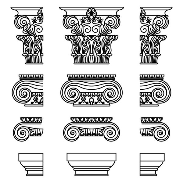 Набор античных греческих исторических столиц для Калона: ионические, дорические и коринфские столицы со схемой вырезанных элементов
