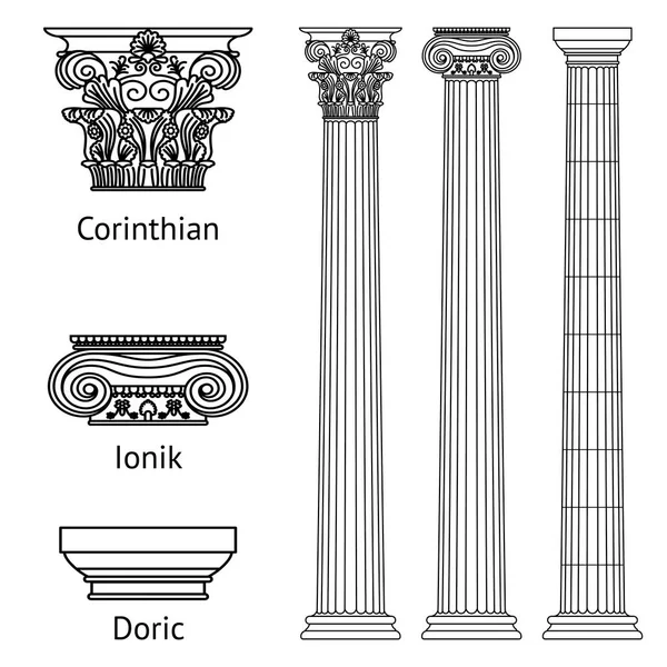 A set of antique Greek historical columns and capitals for them: the Ionic, Doric and Corinthian capitals