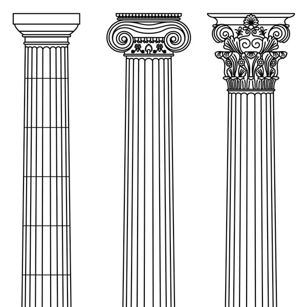 Un conjunto de antiguas columnas griegas e históricas con capiteles jónicos, dóricos y corintios ilustración de la línea vectorial . — Vector de stock