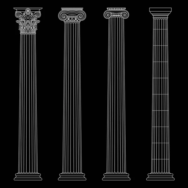 Un conjunto de antiguas columnas griegas e históricas con capiteles jónicos, dóricos y corintios ilustración de la línea vectorial . — Vector de stock