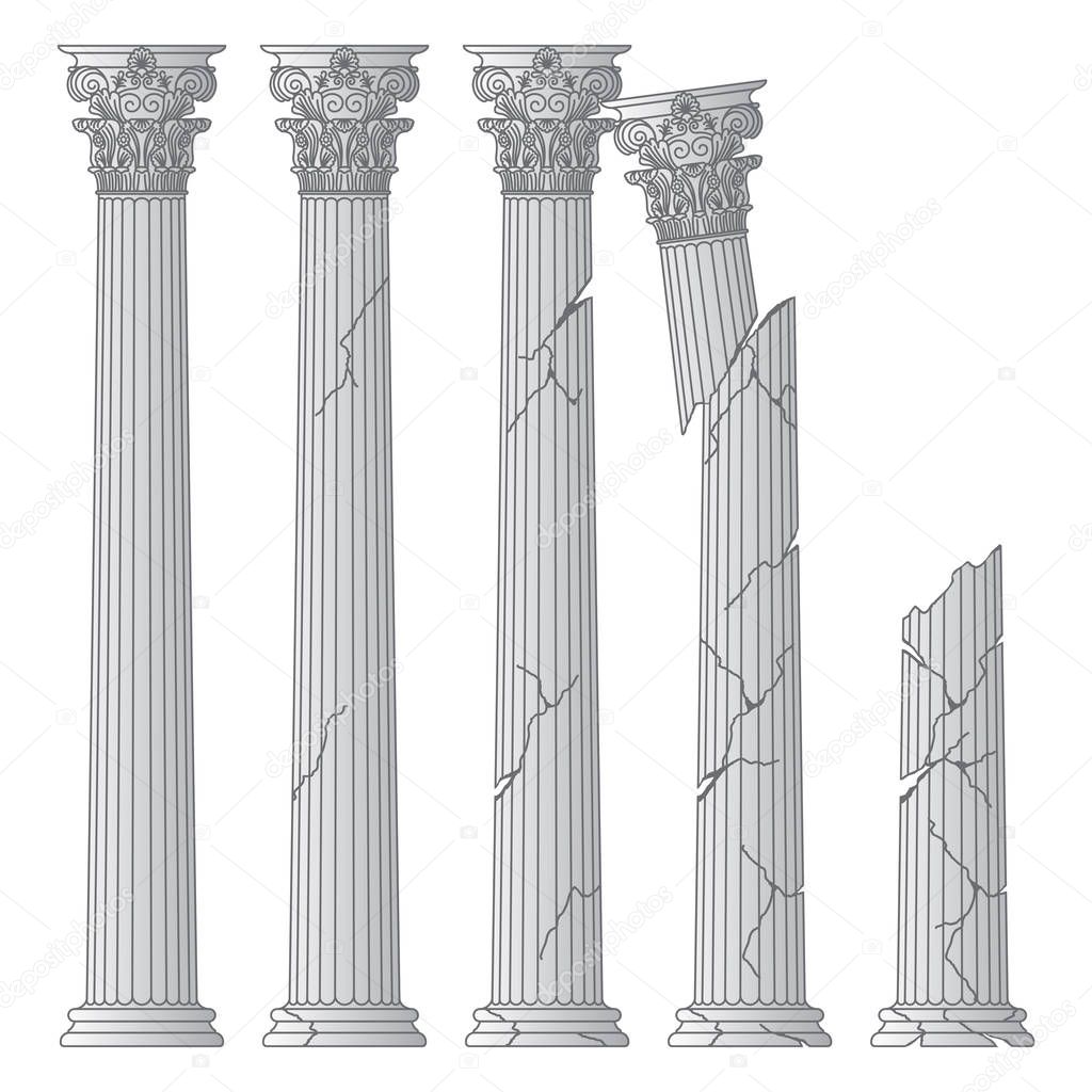 ruined historical Greek antique columns with capitals of the Korinvinsky warrant vector line illustration