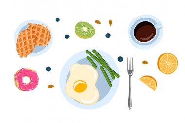 Düz bir doodle tarzı üst görünüm vektör illüstrasyon kahvaltı ile natürmort