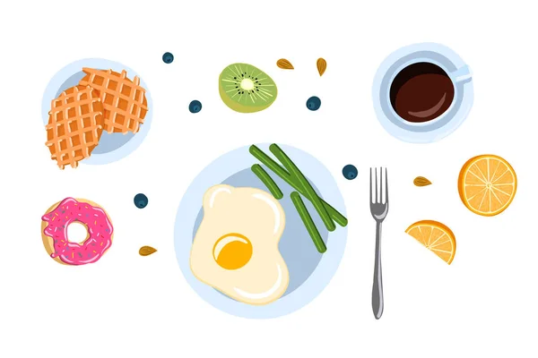 Stilleben med frukost i en platt Doodle stil topp Visa vektor illustration — Stock vektor