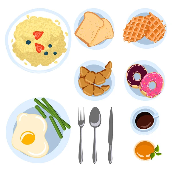 Conjunto de artículos de desayuno en estilo doodle plano vista superior Diferentes platos de la mañana Vector ilustración — Vector de stock