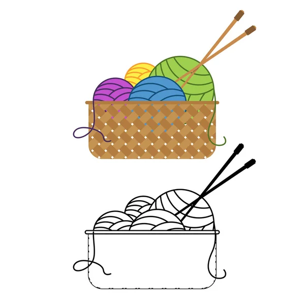 Des boules de fil multicolores se trouvent dans un panier avec des aiguilles à tricoter Illustration vectorielle — Image vectorielle