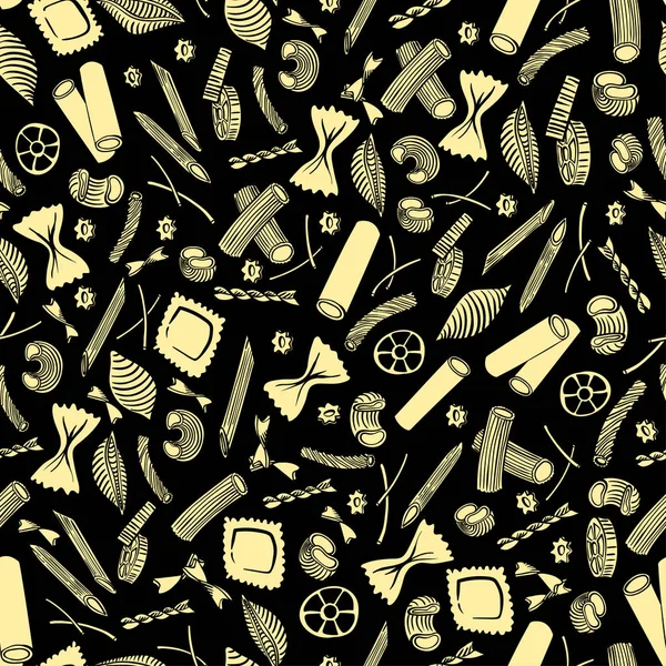 Patrón sin costuras con macarrones italianos de diferentes tipos. mano de color amarillo claro dibujar sobre fondo negro — Archivo Imágenes Vectoriales