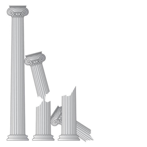 уничтожены древнегреческие античные колонны со столицами ионического ордена и с местом для текстовой векторной иллюстрации
