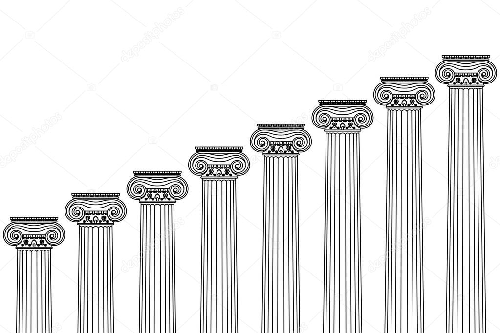 a series of Greek, antique, historical colonnades with Ionian capitals and a place for text on a white background