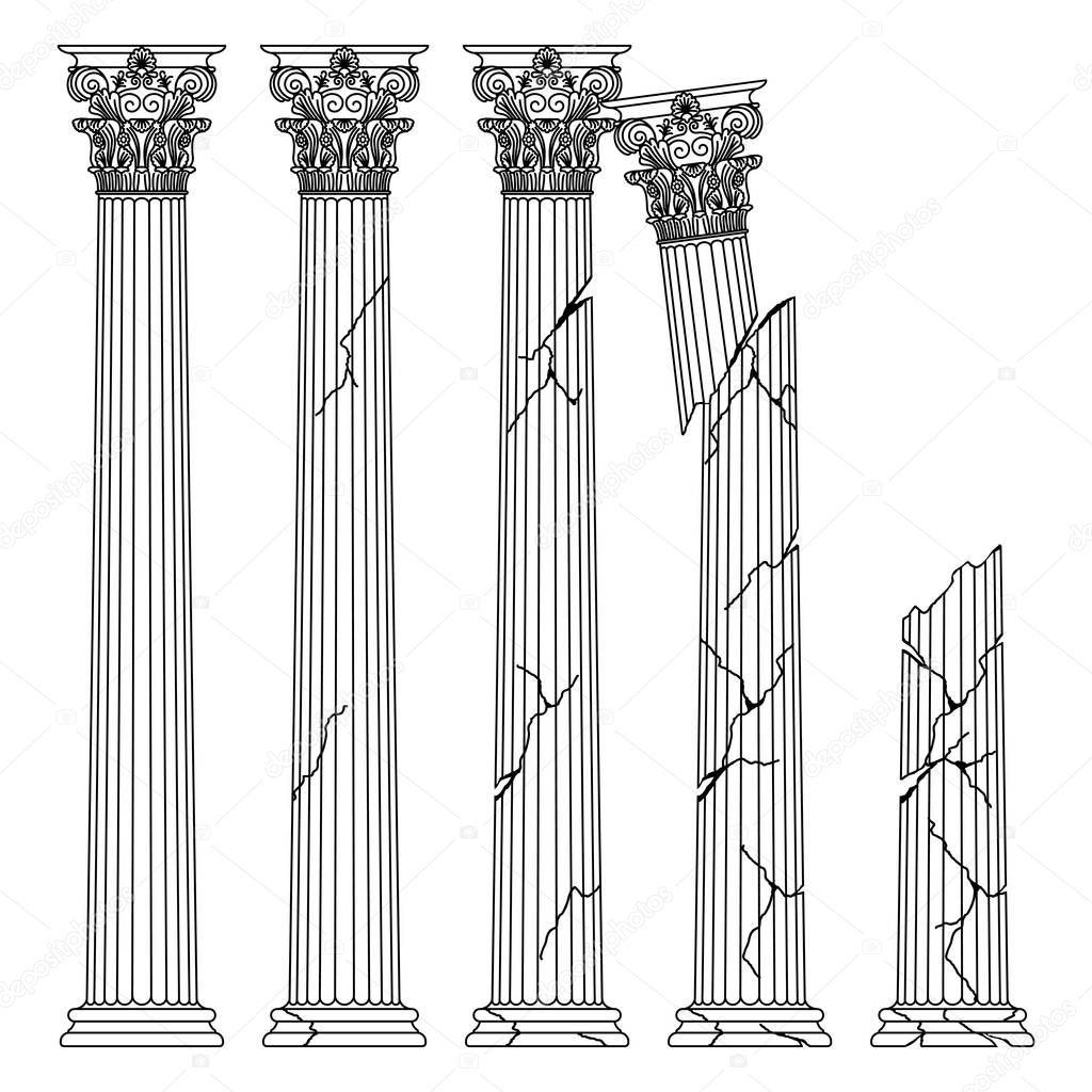 ruined historical Greek antique columns with capitals of the Korinvinsky warrant vector line illustration