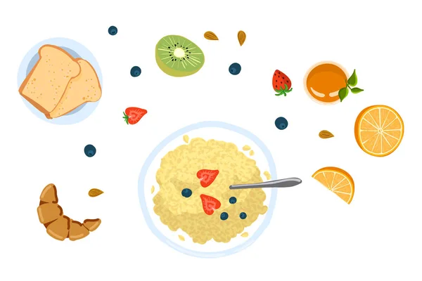 Bodegón con desayuno en un estilo de garabato plano vista superior vector ilustración — Vector de stock