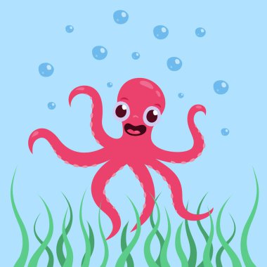 Neşeli, sevimli ahtapot karikatür tarzında deniz Vektör illüstrasyon sualtı gülümsüyor.