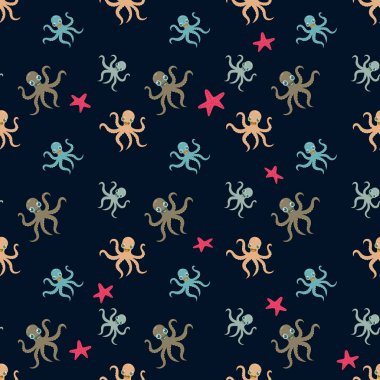 Sevimli ahtapotlar Vektör karikatür illüstrasyon ile dikişsiz sualtı deseni