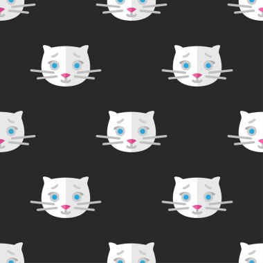 Karanlık bir arka plan üzerinde sevimli beyaz kedi yavruları ile tekstil için dikişsiz desen. Düz tarzda vektör çizimi