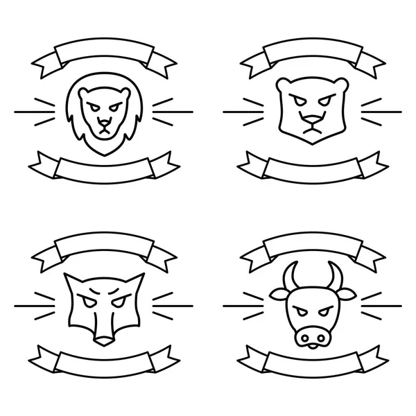 Conjunto de iconos o logotipos con cintas, con animales salvajes y de granja Ilustración vectorial en estilo lineal — Vector de stock
