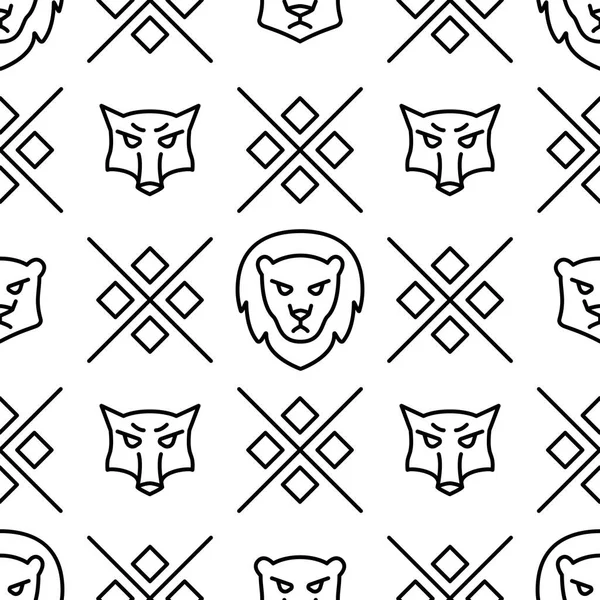 Patrón lineal sin costura con lobos salvajes y leones Ilustración de la línea vectorial — Archivo Imágenes Vectoriales