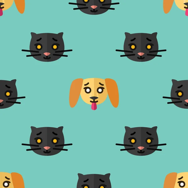 Patrón sin costuras para textiles con lindos gatitos negros y cachorros amarillos sobre un fondo azul claro. Vector plano — Vector de stock