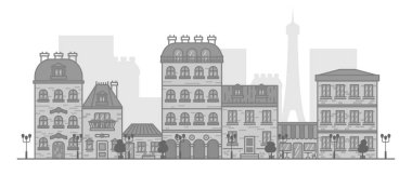 Binalar ve evler ile şehir manzara düz doğrusal panorama. turizm, Paris Vector illüstrasyon seyahat