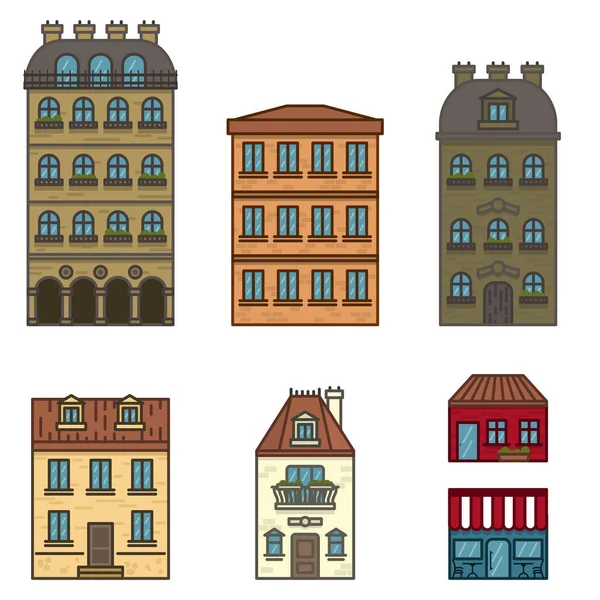 Maisons de plain-pied à Paris disposées en différentes couleurs Illustration vectorielle isolée d'immeubles plats . — Image vectorielle