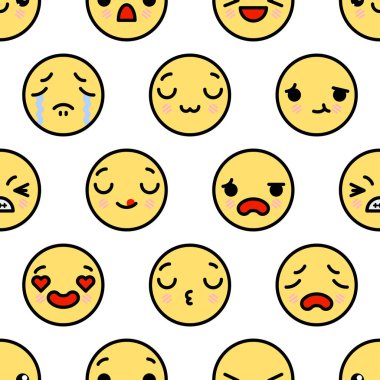 Sevimli kawaii emoji ile Dikişsiz desen vektör karikatür illüstrasyon yüzleri