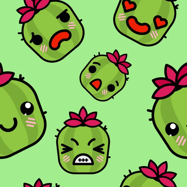 Patrón sin costura con lindo kawaii emoji cactus vector ilustración de dibujos animados — Vector de stock