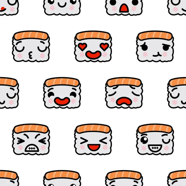 Naadloze patroon met leuke kawaii Emoji Sushi vector cartoon illustratie — Stockvector