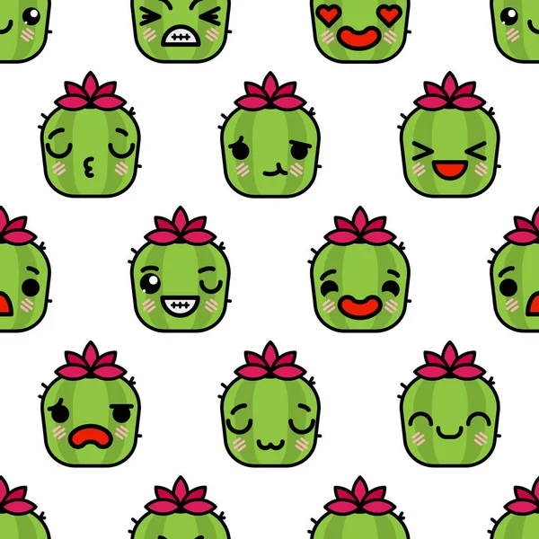 Pola mulus dengan gambar kartun kawaii emoji cacti vector - Stok Vektor
