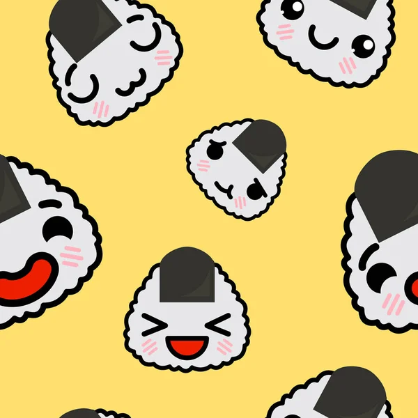 Pola mulus dengan gambar kartun kawaii emoji onigiri vektor lucu - Stok Vektor