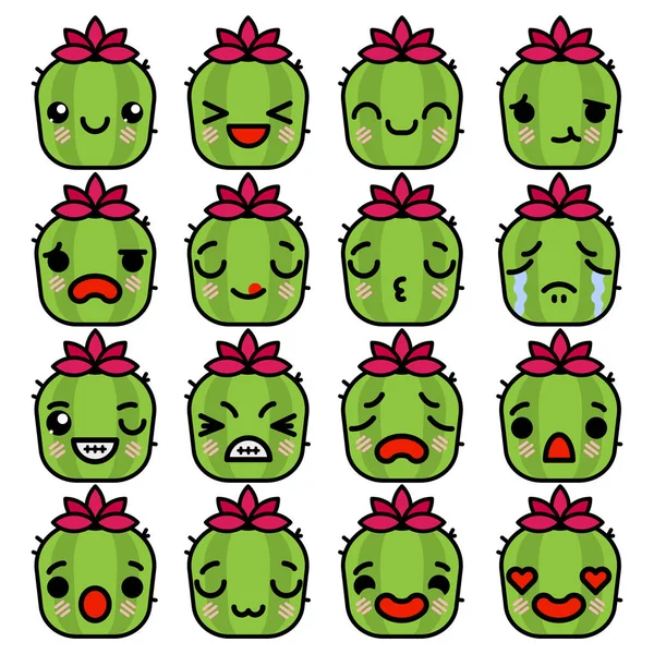 Emoji iconos cactus conjunto con diferentes emociones Vector ilustración — Vector de stock
