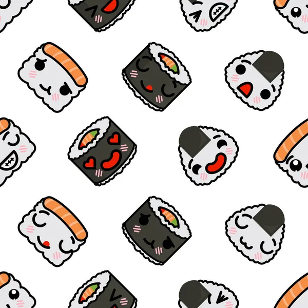 Pola mulus dengan gambar kartun kawaii emoji sushi vektor lucu - Stok Vektor