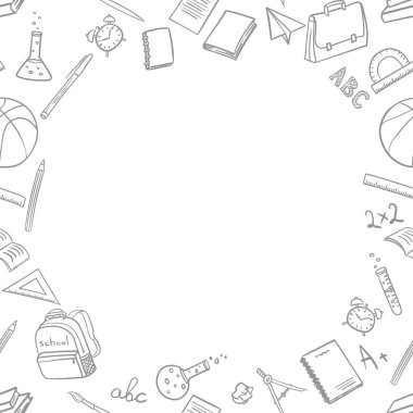 Beyaz bir arka plan üzerinde karalama stilinde okula dönüşte okul öğeleri ile metin için yerleştirin. Vektör çizimi