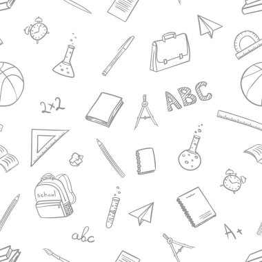 beyaz arka plan üzerinde doodle tarzında okula dönüşte okul elemanları ile sorunsuz desen. Vektör çizimi