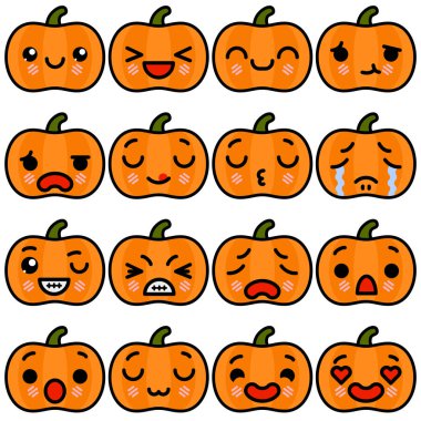Farklı duygular Vektör illüstrasyon ile emoji Halloween Pumpkin simgeleri seti