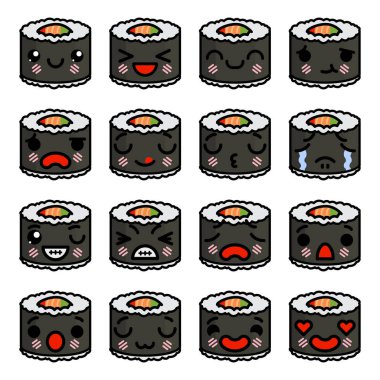 Emoji suşi Simge seti - farklı duygular Vektör illüstrasyon ile rulo