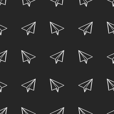 Doodle kağıt uçaklar ile Dikişsiz desen, siyah bir arka plan üzerinde el çizim stili vektör illüstrasyon
